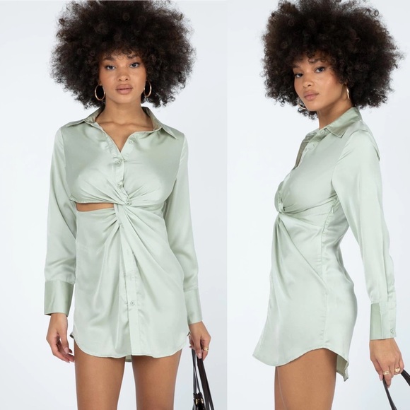 Princess Polly Sage Green Satin Long Sleeve Button Twist Cut Out Shirtdress - Picture 12 of 12